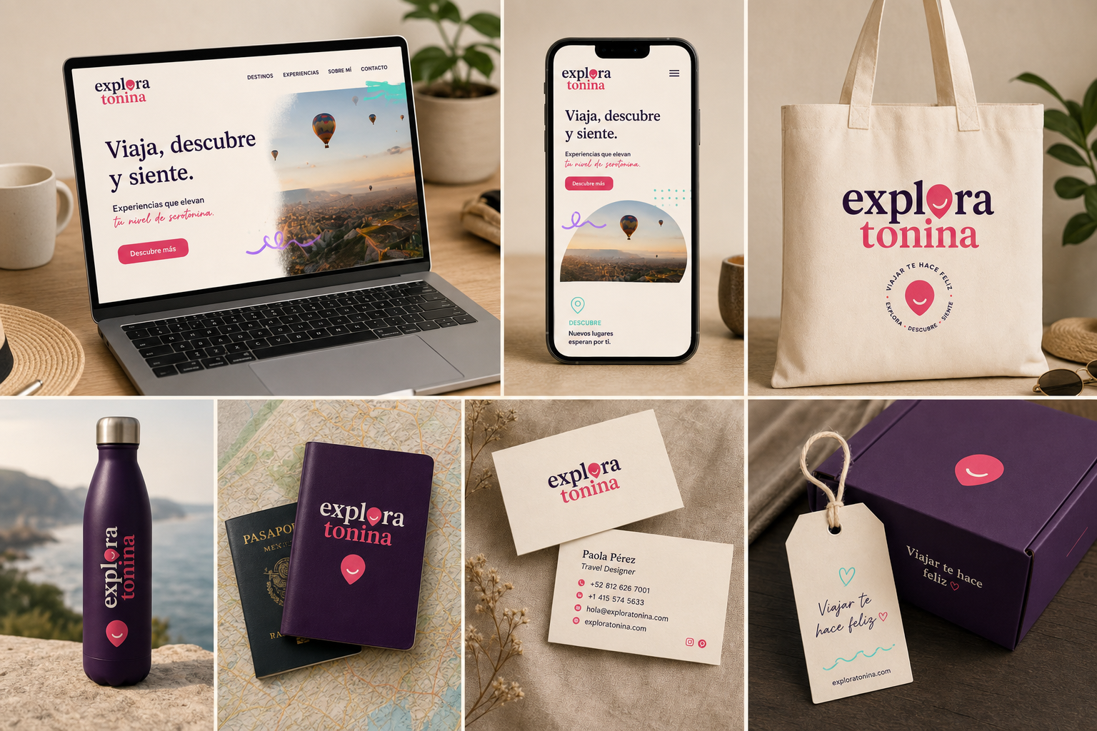 Mockups reconstruidos de Exploratonina: laptop, móvil, tote bag, termo, passport cover, tarjetas y gift box.