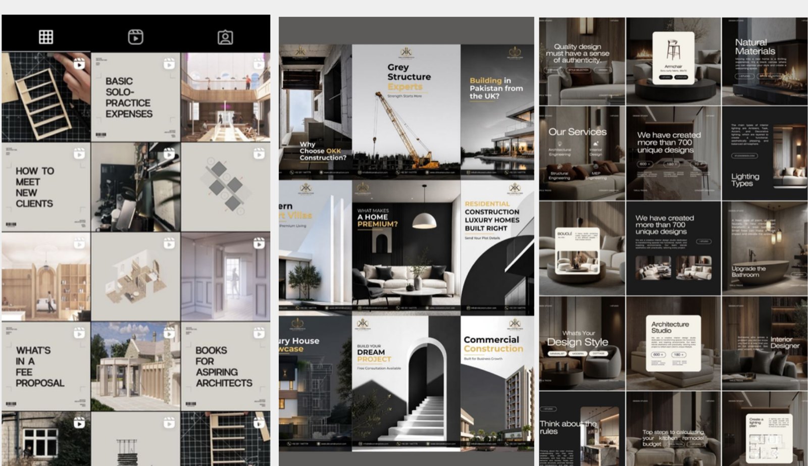 Moodboard de referencia para redes sociales: parrillas de Instagram de estudios de arquitectura y construcción con estética oscura y editorial